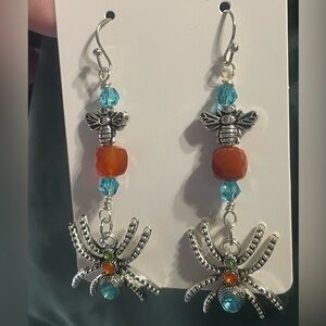 Hand Crafted Silver and Blue Spider Dangle Earrings